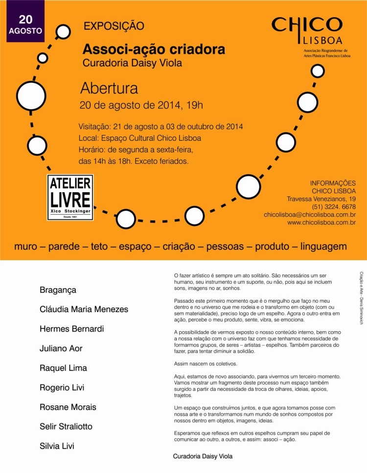 Convite Exposição Associ-Ação Criadora Curadoria Daisy Viola, abertura 20 08 2014, 19h, na Chico Lisboa
